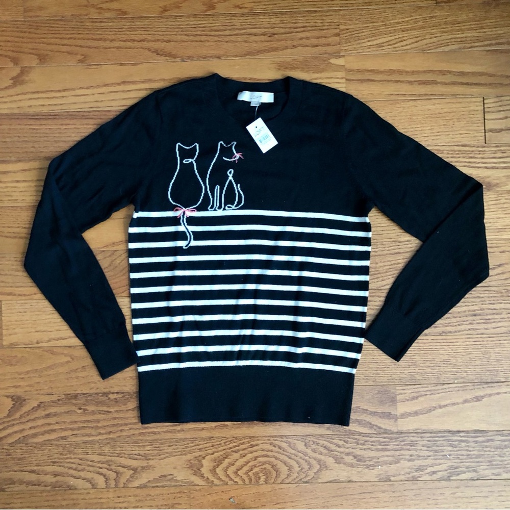 Loft Striped Cat Embroidered Graphic Crewneck Black Sweater Women’s Size S NWT - Picture 4 of 10